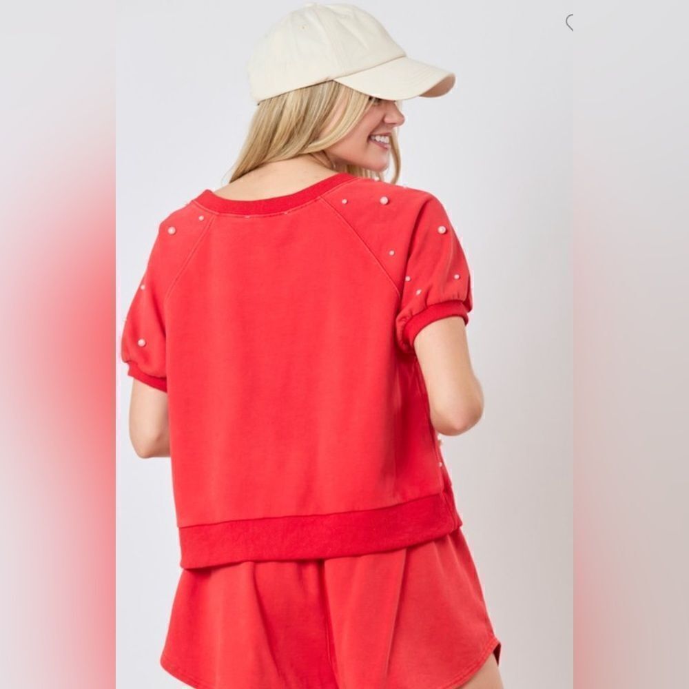 076. PEARL EMBELLISHED RED TERRY SKORT - Picture 6 of 8